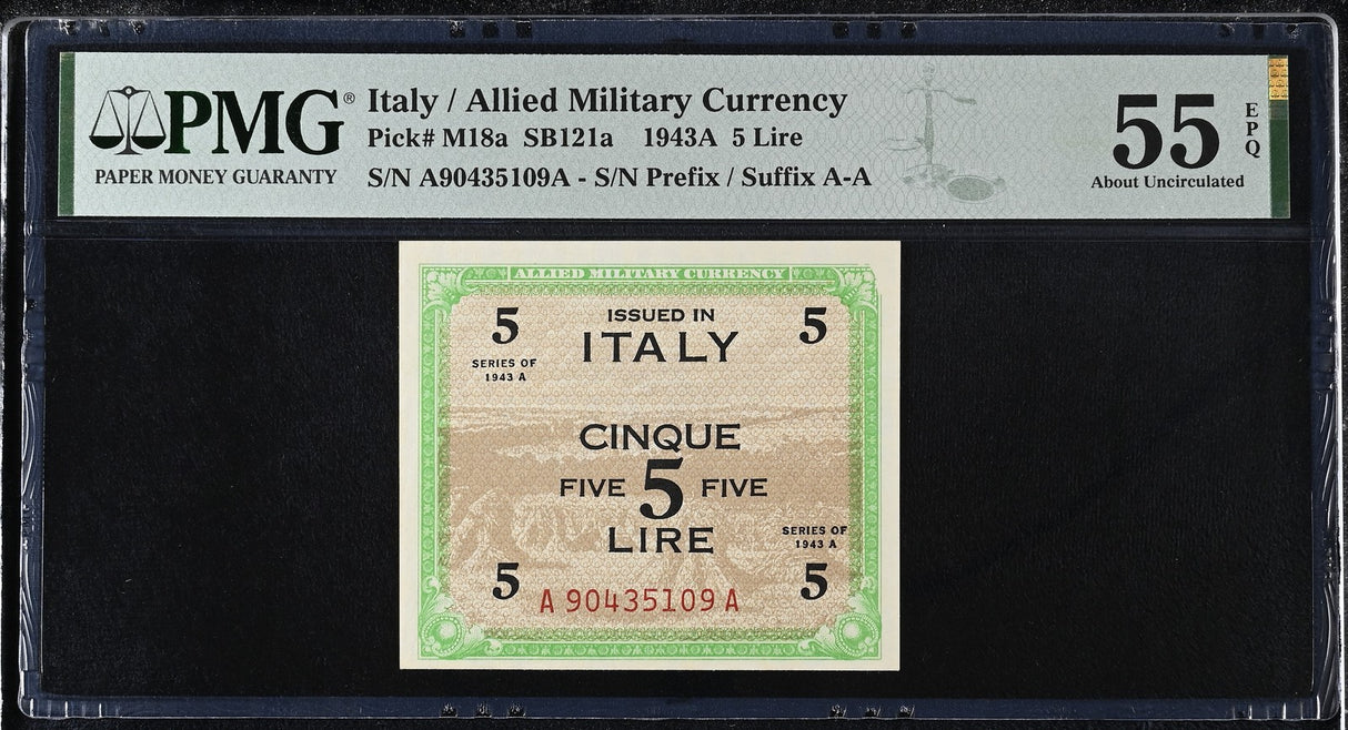 Italy 5 Lire 1943 P 18 a About UNC PMG 55 EPQ