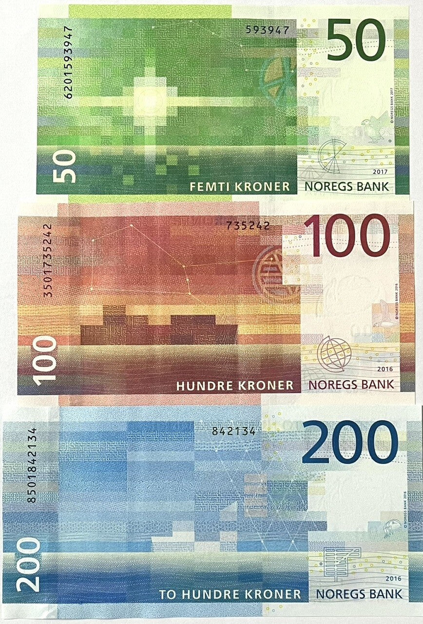 Norway SET 3 UNC 50 100 200 Kroner 2016-2017 P 53 54 55