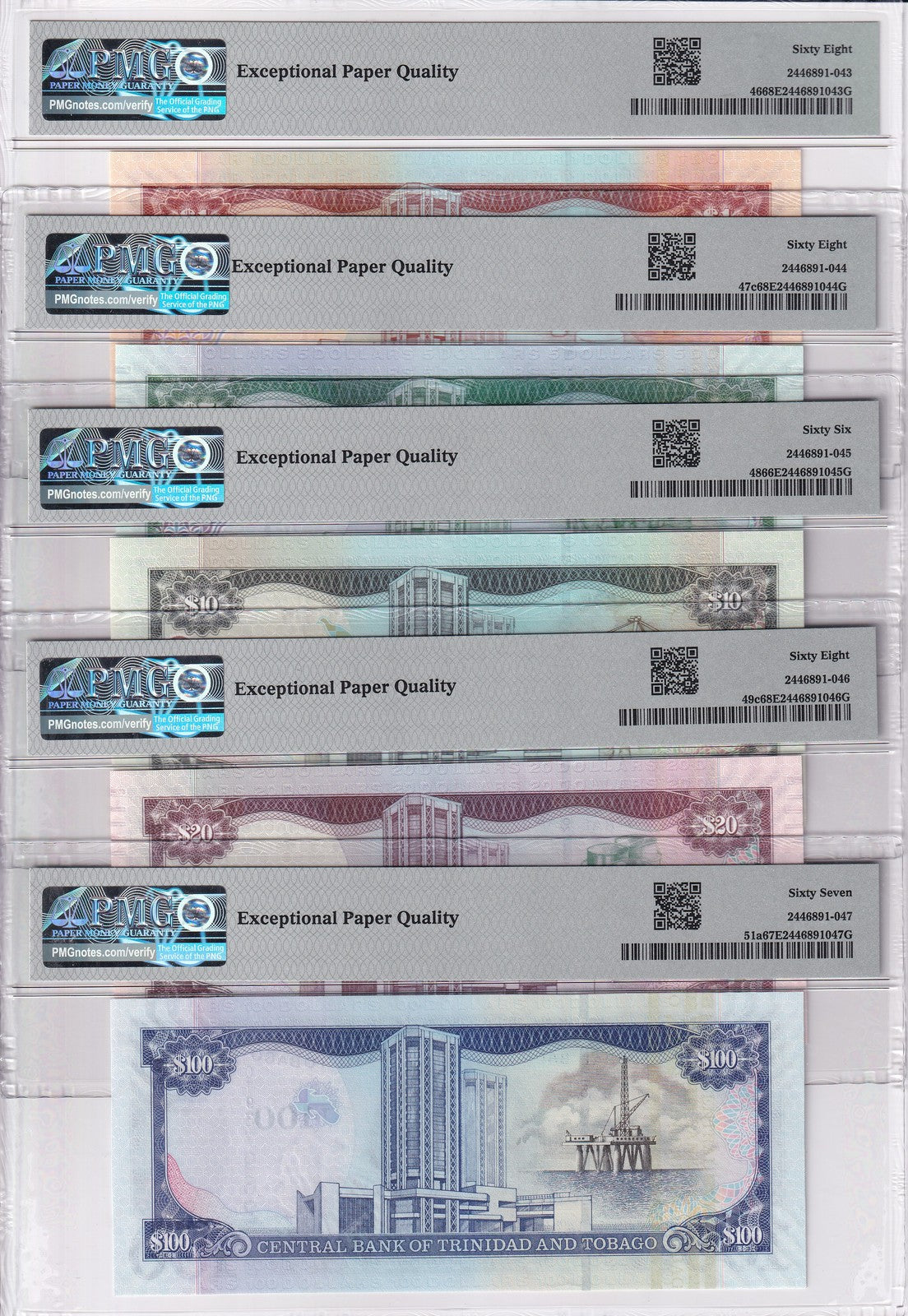 Trinidad & Tobago Set ; 1 5-100 Dollars P 46-49 P 51 Superb UNC PMG 66 67 68 EPQ