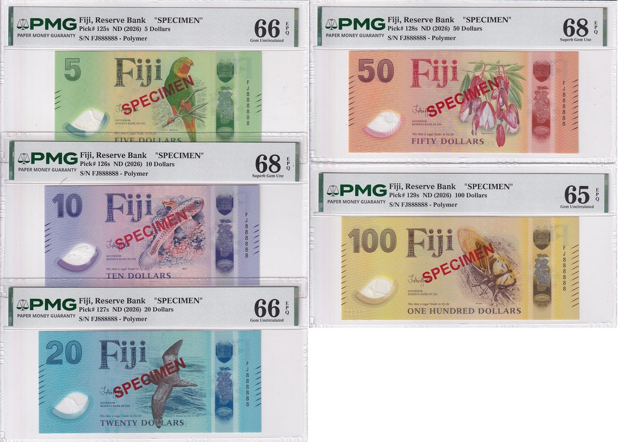Fiji set 5 SPECIMEN 5 10 20 50 100 Dollars 2026 P 125-129S Gem UNC PMG 65-68 EPQ