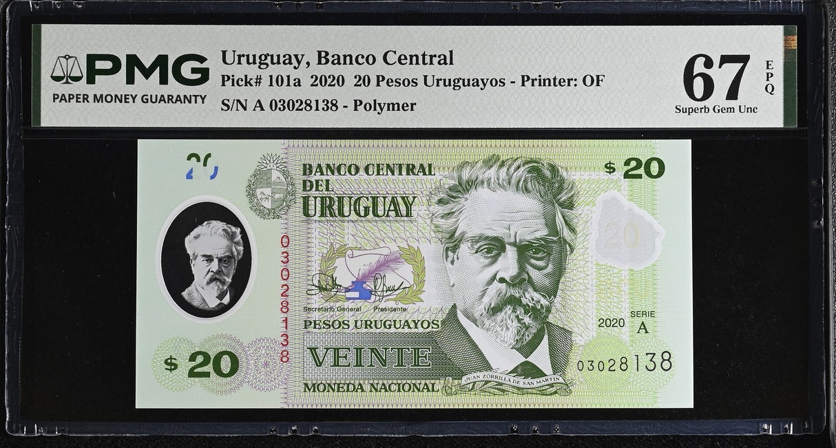Uruguay 20 Pesos 2020 P 101 a Superb Gem UNC PMG 67 EPQ