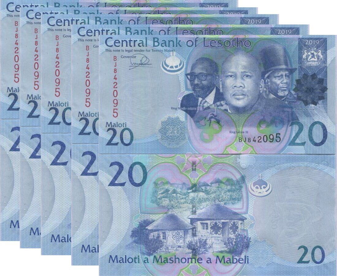 Lesotho 20 Maloti 2019 P 22 c UNC LOT 5 PCS