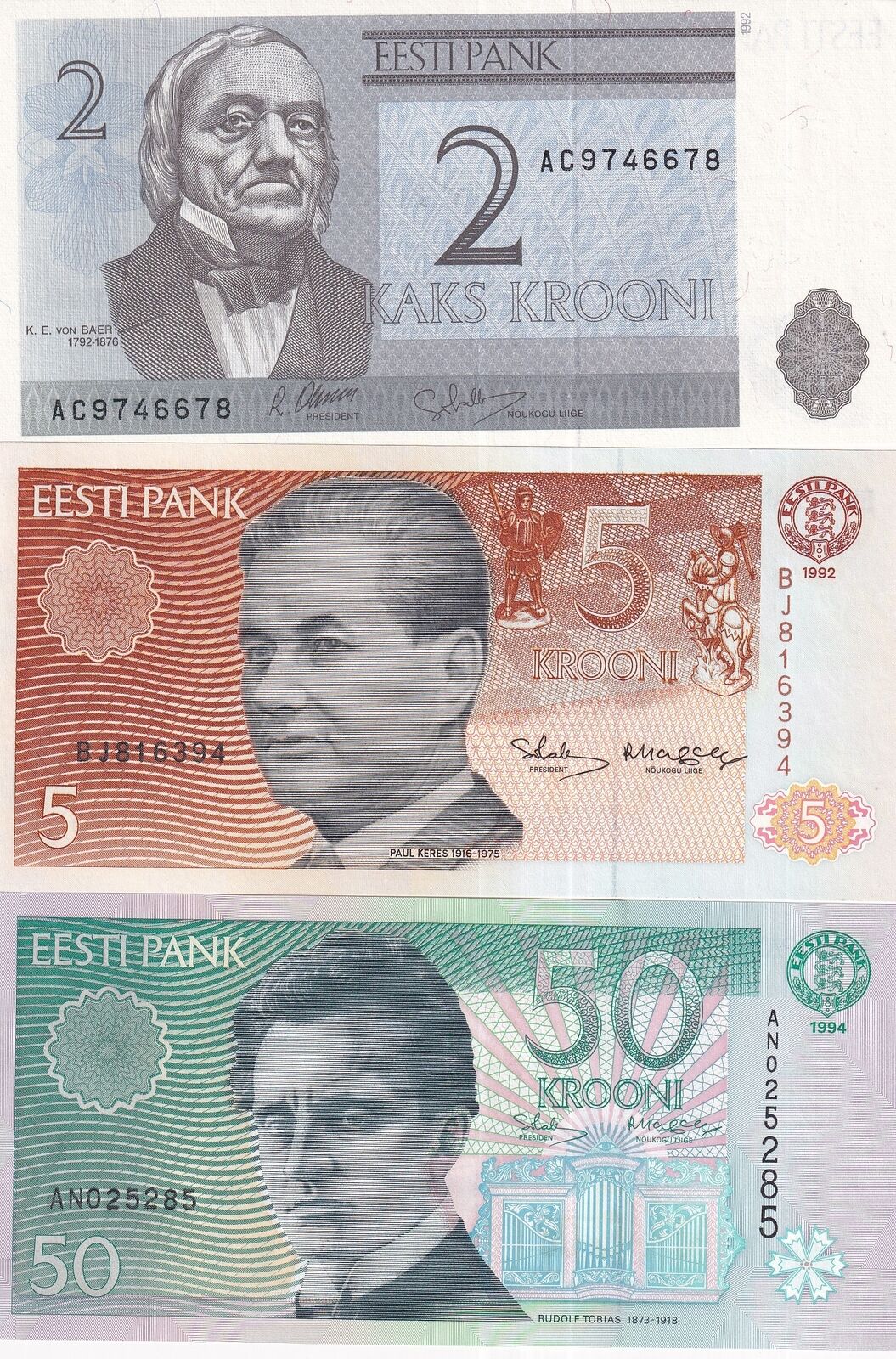 Estonia Set 3 PCS 2 5 50 Krooni 1992 - 1994 P 70 P 71 P 78 UNC
