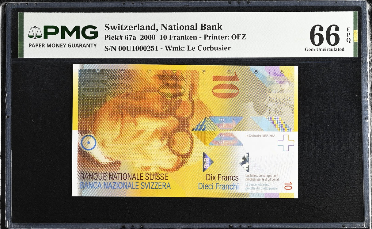 Switzerland 10 Franken 2000 P 67 a 00U Prefix Gem UNC PMG 66 EPQ