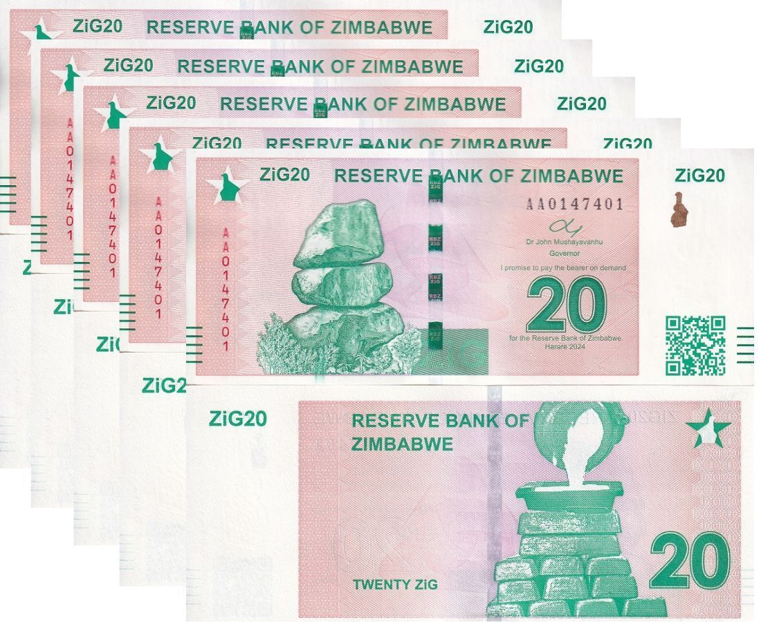 Zimbabwe 20 ZiG 2024 P NEW Design Gold Reserve Backed With QR Code LOT 5 UNC