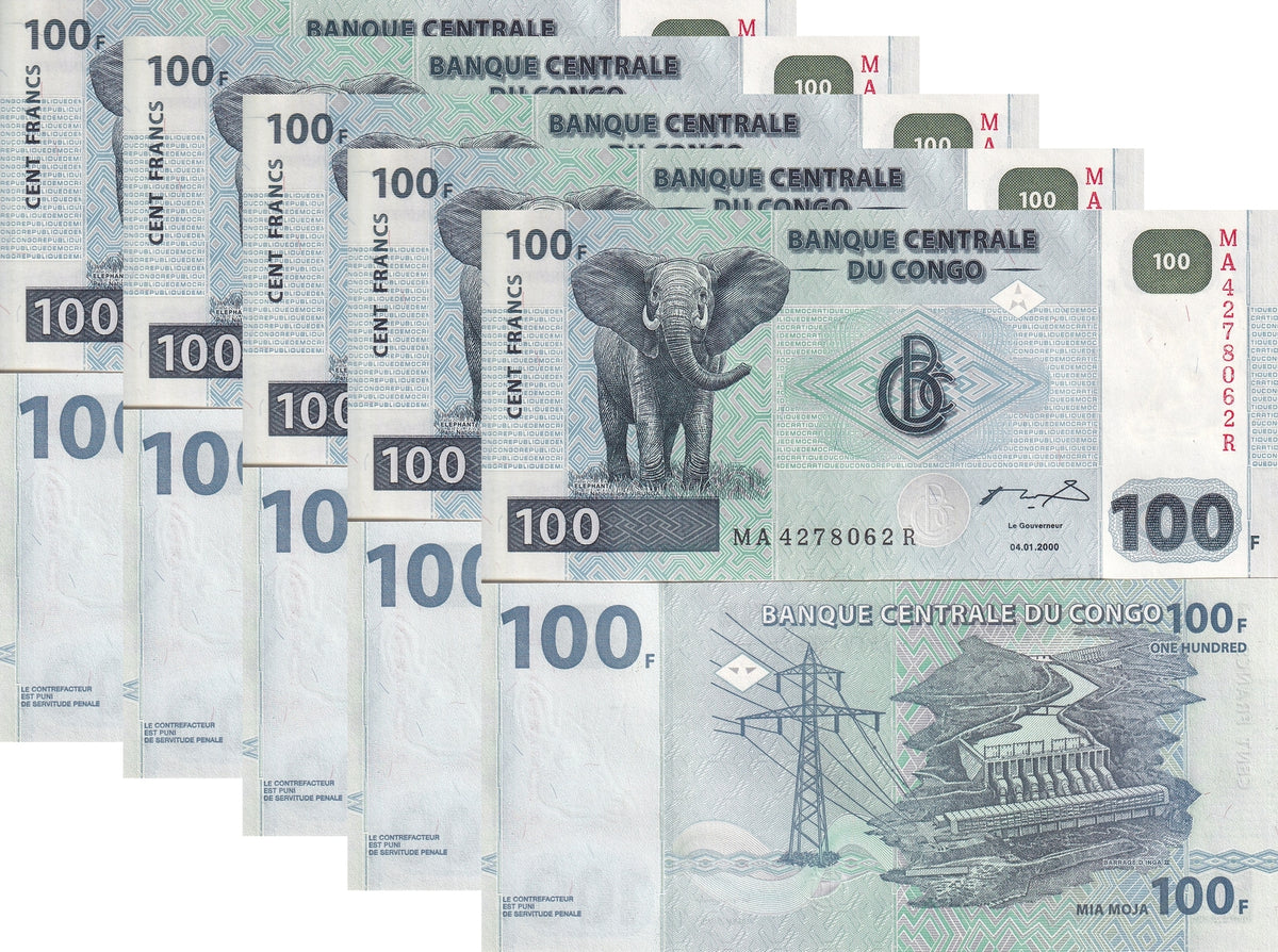 Congo Democratic Republic 100 Francs 2000 P 92 UNC LOT 5 PCS ,Elephant, Virunga