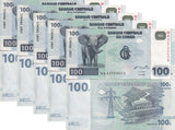 Congo Democratic Republic 100 Francs 2000 P 92 UNC LOT 5 PCS ,Elephant, Virunga