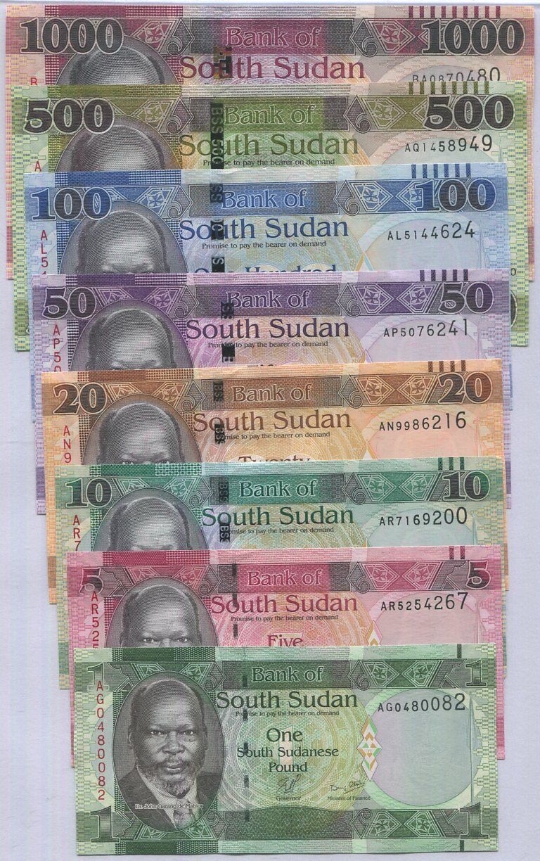 South Sudan Set 8 Pcs 1 5 10 20 50 100 500 1000 Pounds Random date P 6 - 13 UNC