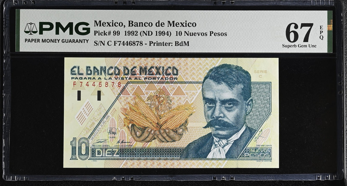 Mexico 10 Nuevos Pesos 1992 ND 1994 P 99 Superb Gem UNC PMG 67 EPQ