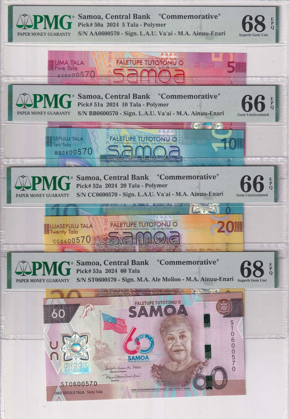 Samoa SET 4, 5 10 20 60 Tala 2024 P 50 51 52 53 a Superb Gem UNC PMG 66 68 EPQ