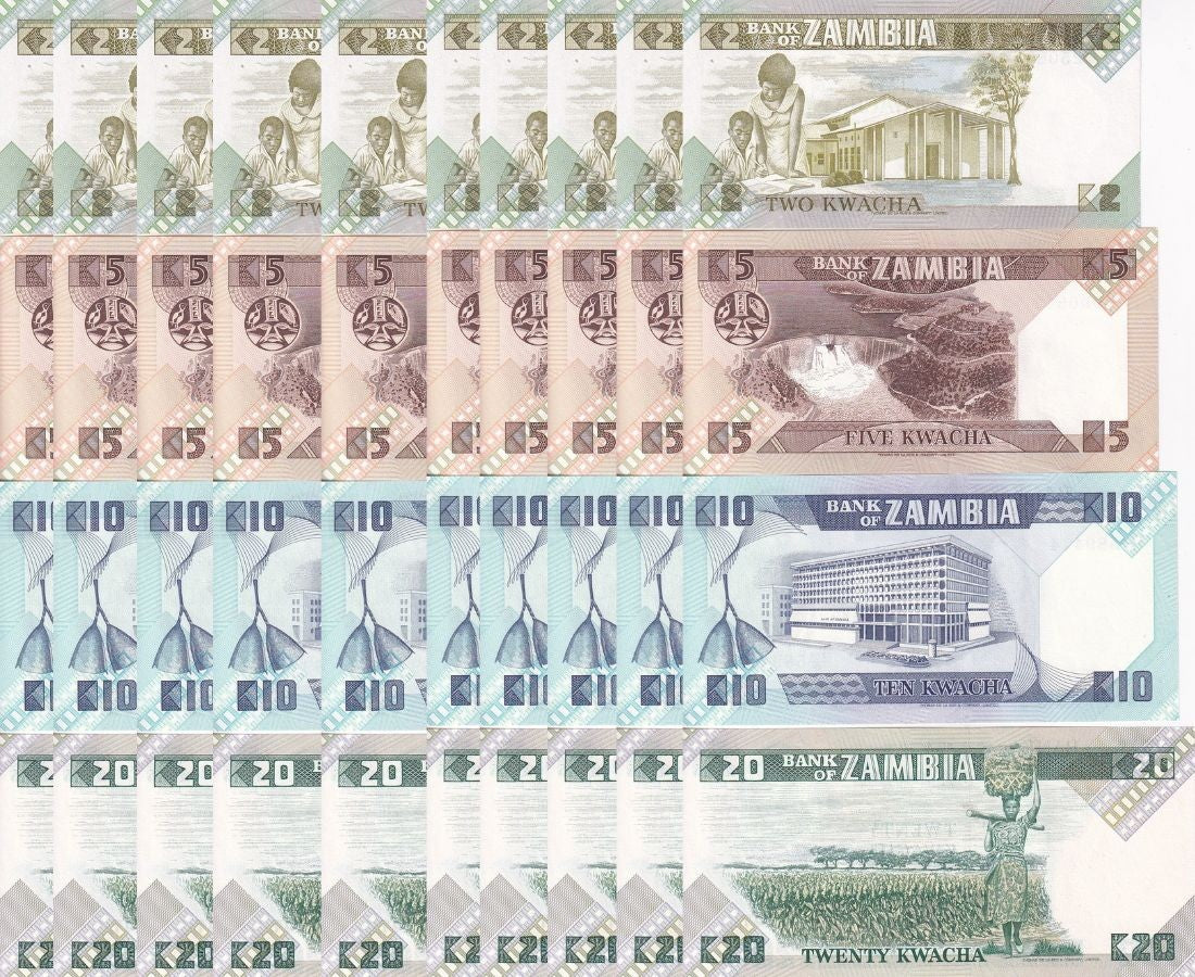 Zambia Set 4 X Lot 10 = 40 UNC 2 5 10 20 Kwacha 1980 - 1991 P 24 25 26 27