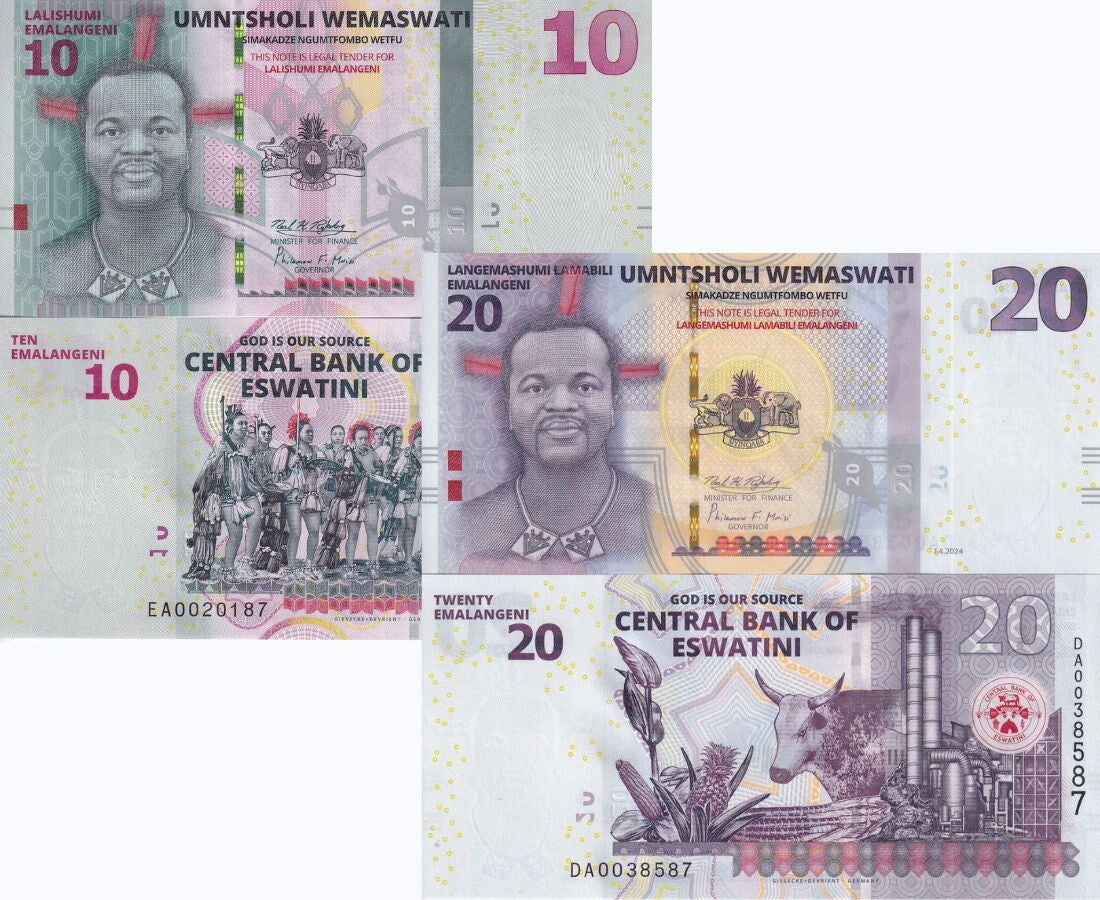 Eswatini Set 2 Pcs 10 20 Emalangeni Swaziland 2024 2025 P NEW Design UNC