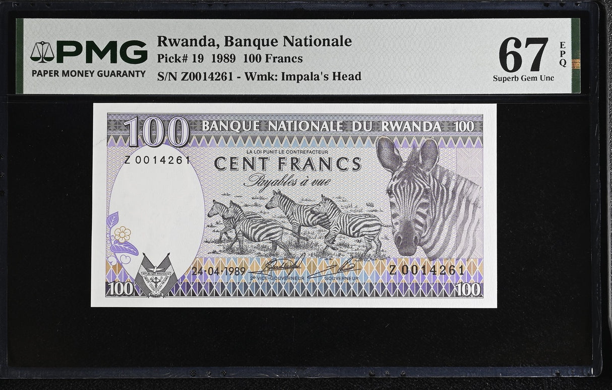Rwanda 100 Francs 1989 P 19 Superb Gem UNC PMG 67 EPQ ,WTM Impala's Head