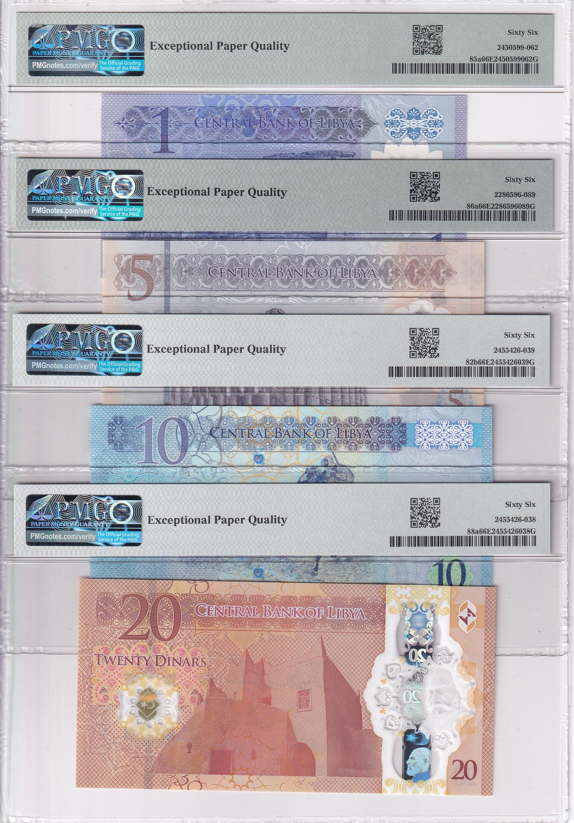 Libya Set 4; 1 5 10 20 Dinars ND 2019-25 P 82-P 86 P88 Superb Gem UNC PMG 67 EPQ
