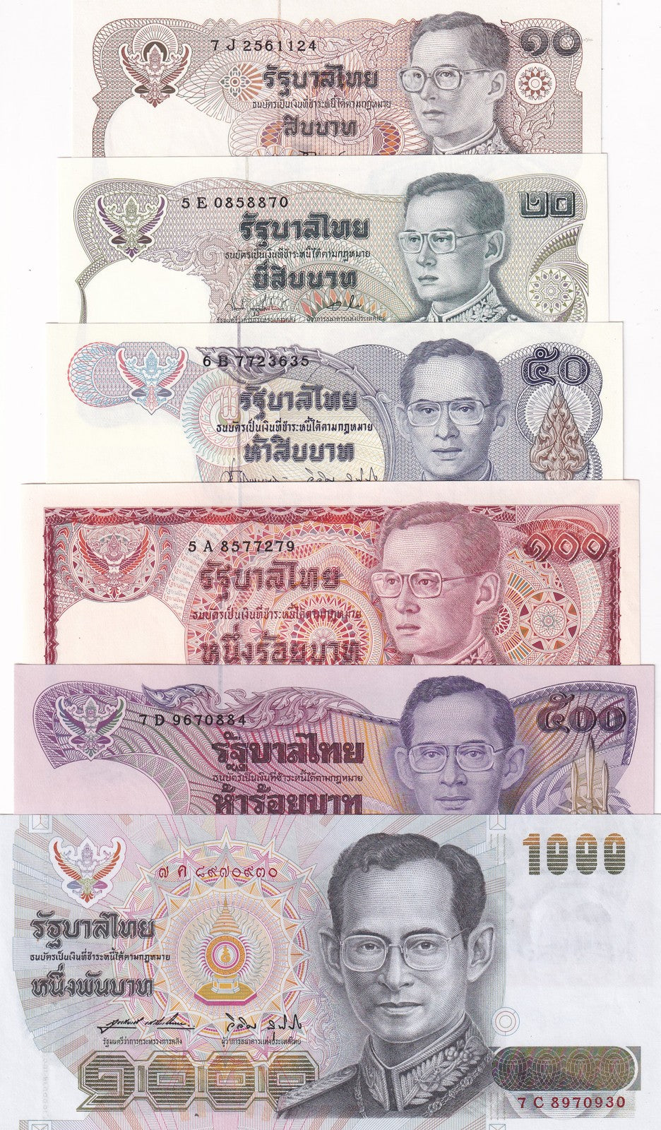 Thailand set 6 UNC 10 20 50 100 500 1000 Baht 1969-1992 P 87 88 89 90 91 92