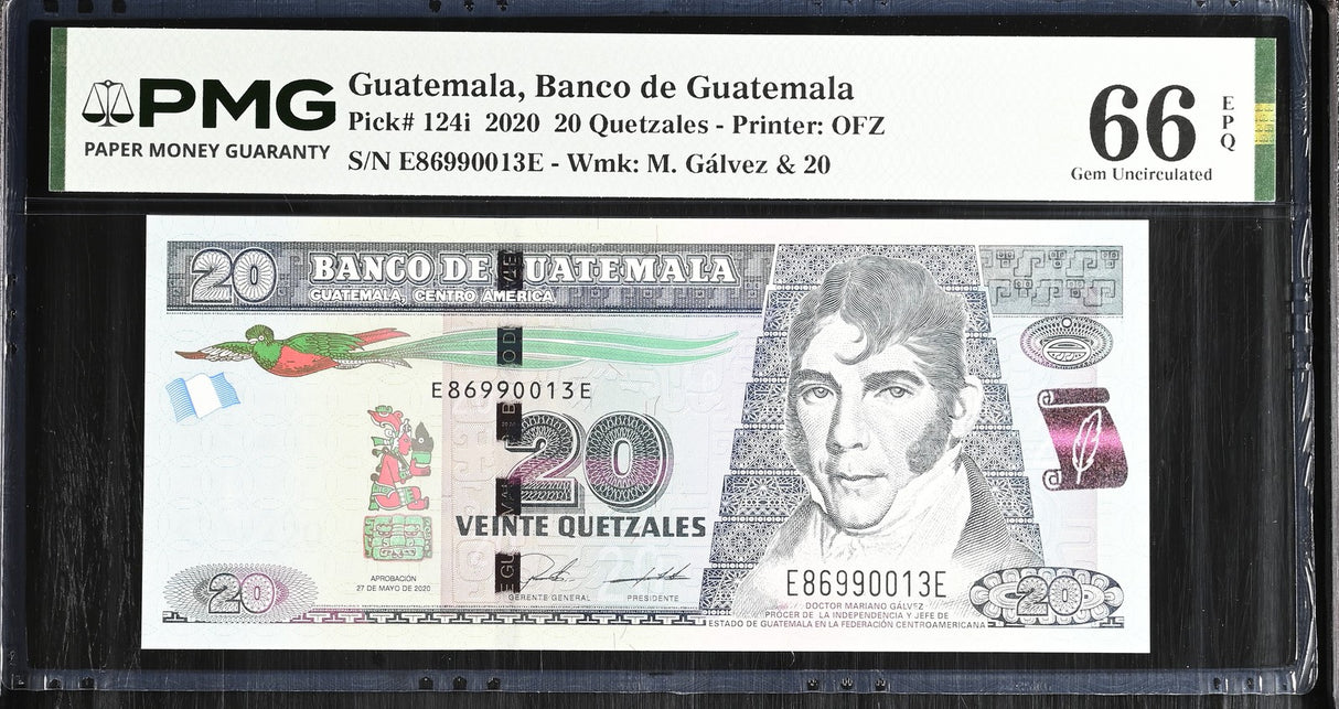 Guatemala 20 Quetzales 2020 P 124 i Gem UNC PMG 66 EPQ