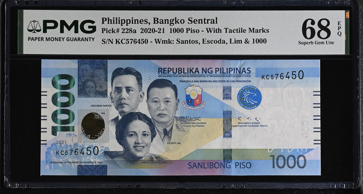 Philippines 1000 Piso 2020-2021 P 228 a Superb Gem UNC PMG 68 EPQ