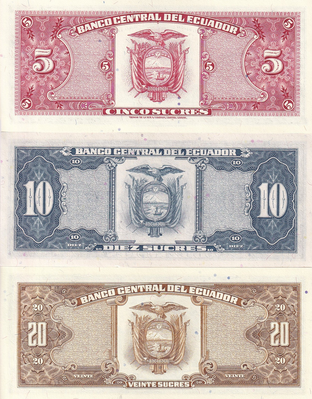 Ecuador Set 3 UNC 5 10 20 Sucres 1986-1999 P 113 121 121Aa