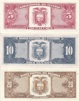 Ecuador Set 3 UNC 5 10 20 Sucres 1986-1999 P 113 121 121Aa