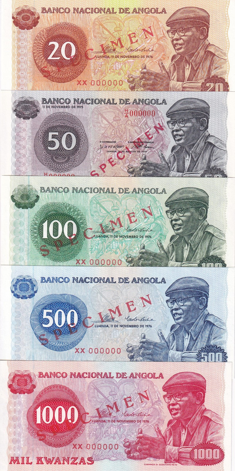 Angola set 5 UNC Specimen 20 50 100 500 1000 Kwanzas 1976 P 109- 111 112 113s