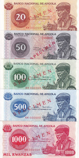 Angola set 5 UNC Specimen 20 50 100 500 1000 Kwanzas 1976 P 109- 111 112 113s