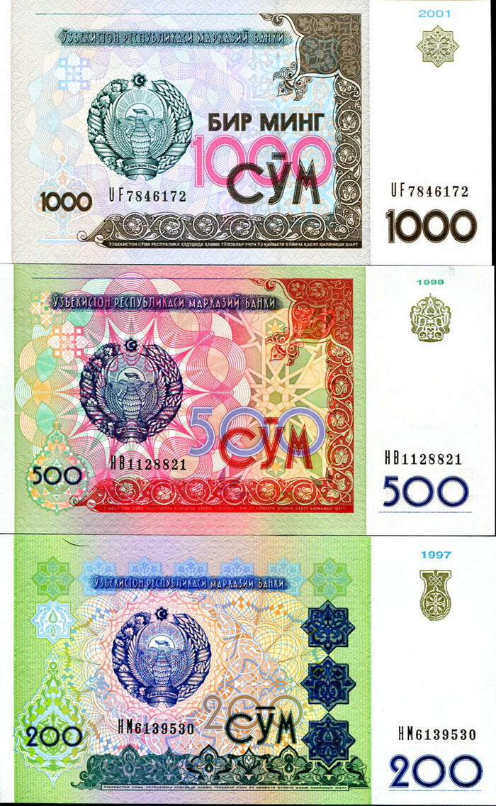 Uzbekistan Set 3 UNC 200 500 1000 Som 1997 1999 2001 P 80 81 82
