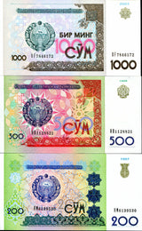 Uzbekistan Set 3 UNC 200 500 1000 Som 1997 1999 2001 P 80 81 82