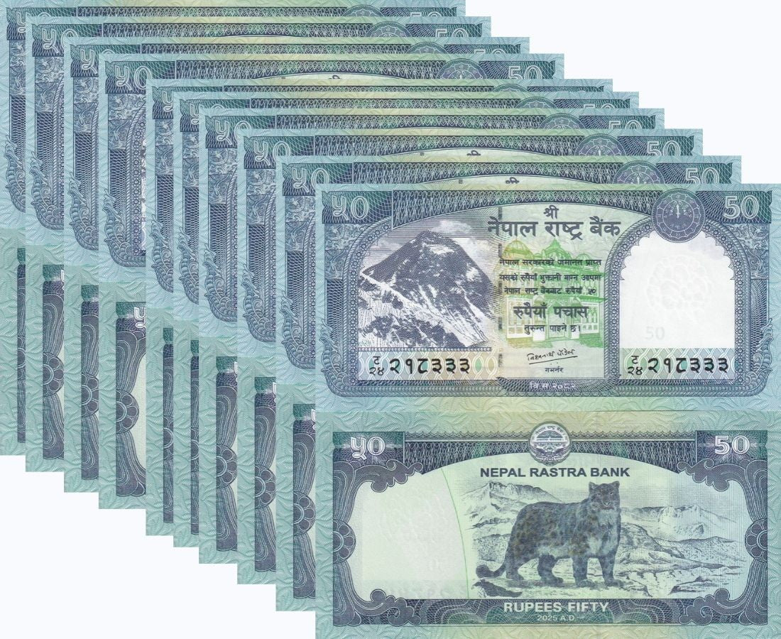 Nepal 50 Rupees 2025 / 2026 P 79 c UNC, Mount Everest, Snow leopard LOT 10 PCS