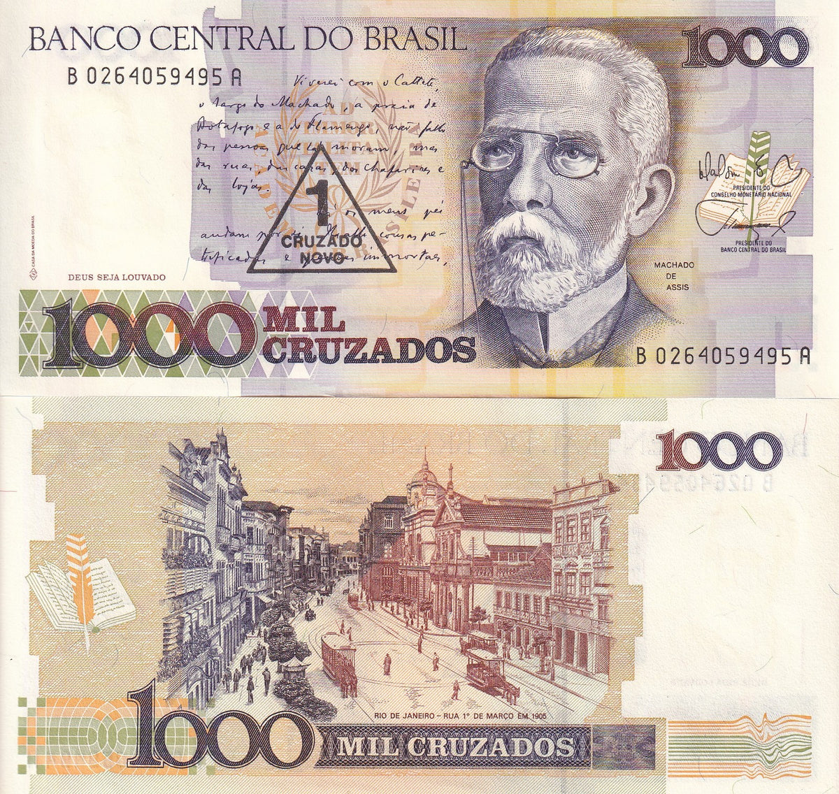 Brazil 1 Cruzeiros ND 1989 P 216 AUnc Overprint Joaquim Maria Machado ,AU