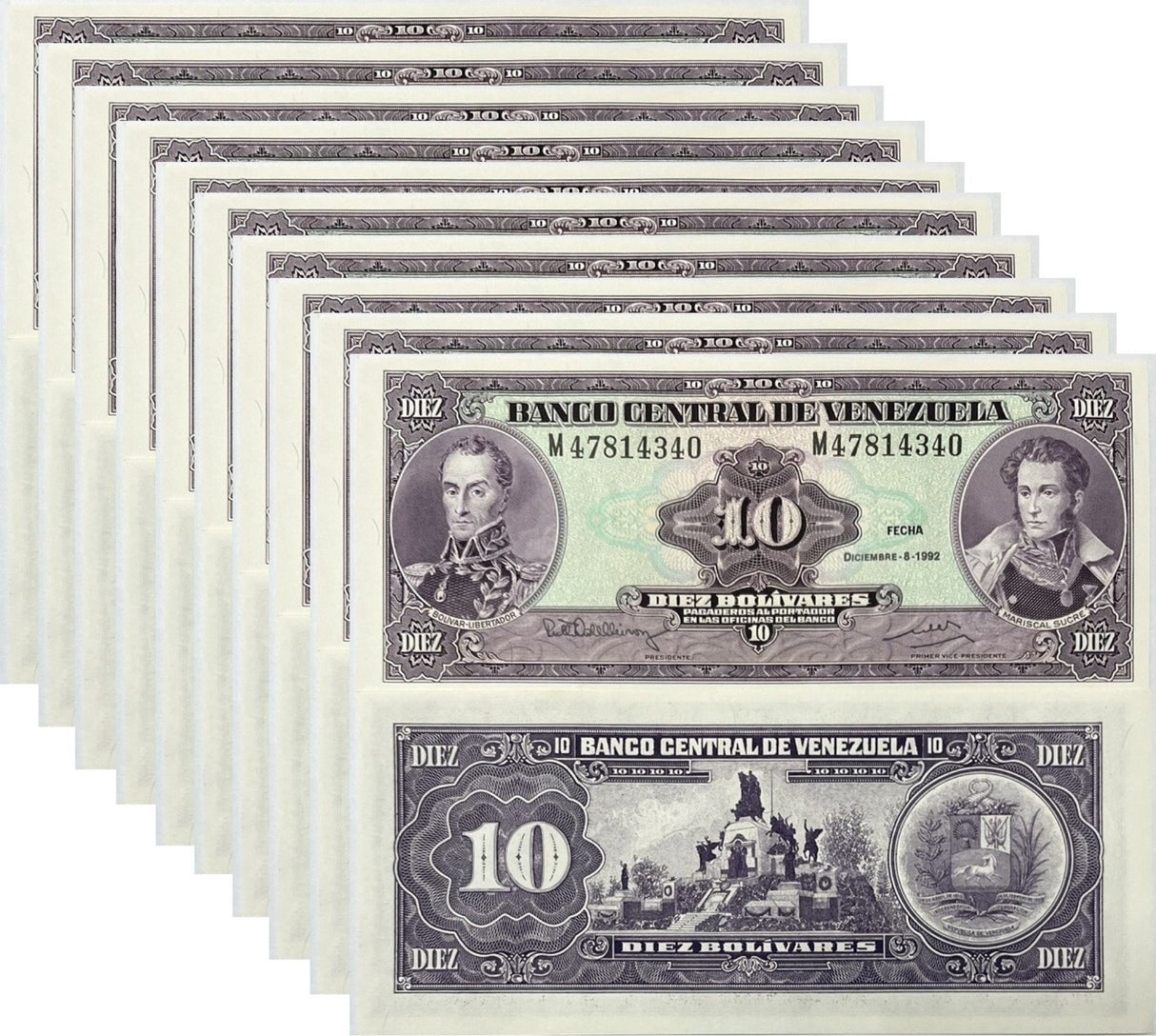 Venezuela 10 Bolivares 1992 P 61 c UNC LOT 10 PCS