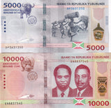 Burundi SET 2 UNC 5000 10000 Francs 2022 P 58 P 59 ,dancers with drums, Hippo