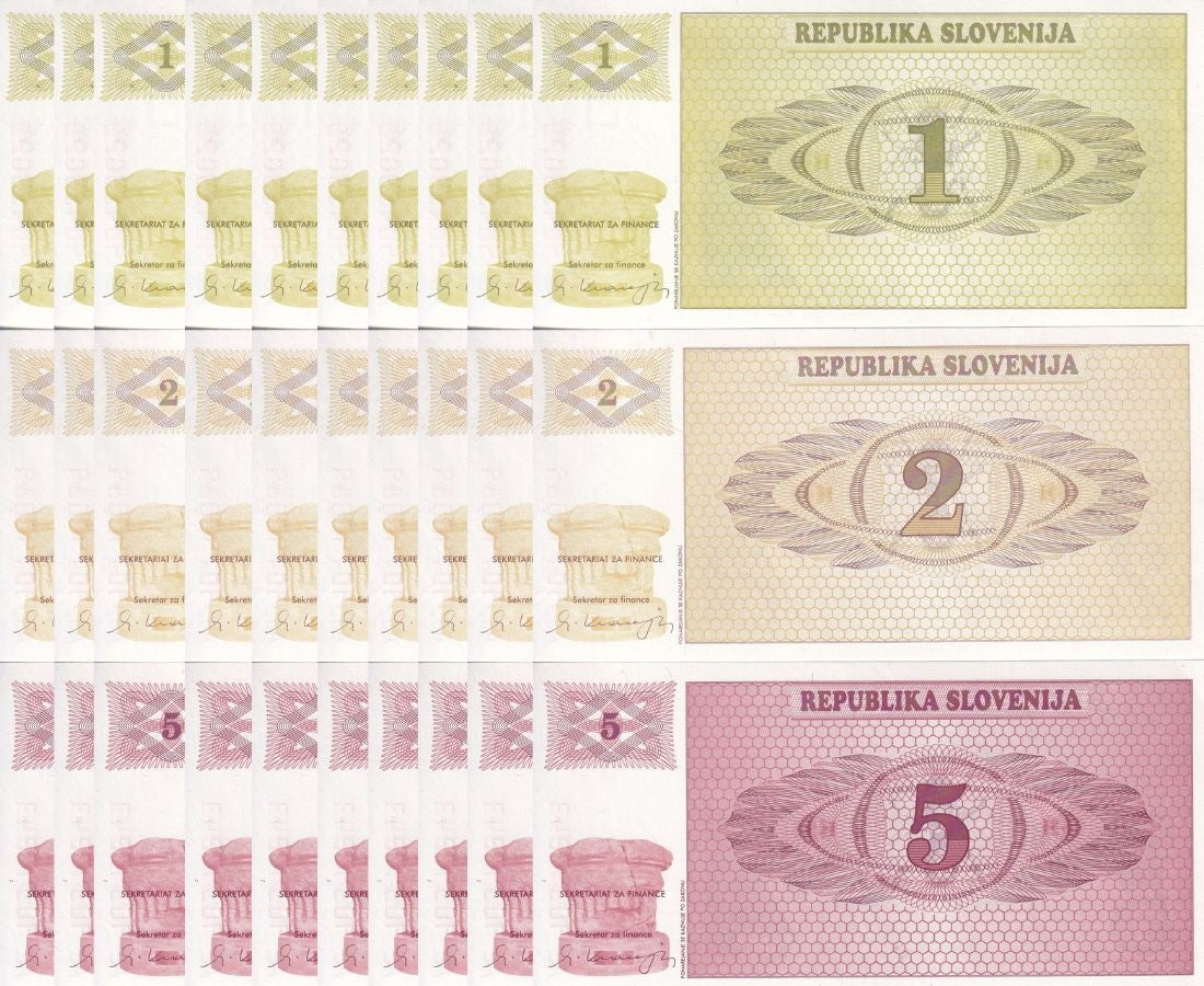 Slovenia Set 3 x Lot 10 = 30 Pcs 1 2 5 Tolarjev 1990 P 1 2 3 UNC