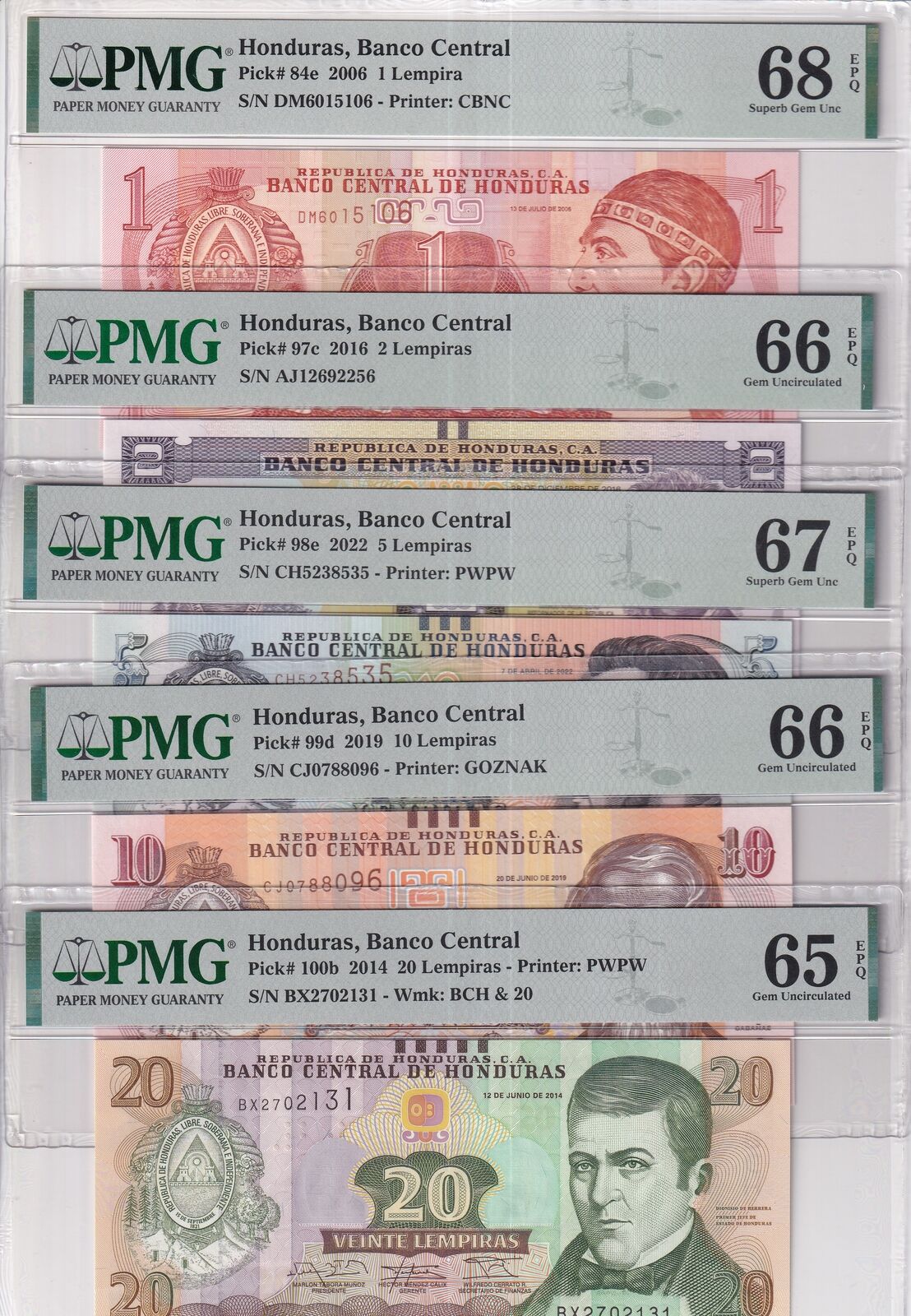 Honduras Set 5 ; 1 2 5 10 20 Lempiras 2006-22 P 84-100 Gem UNC PMG 65 -67 68 EPQ