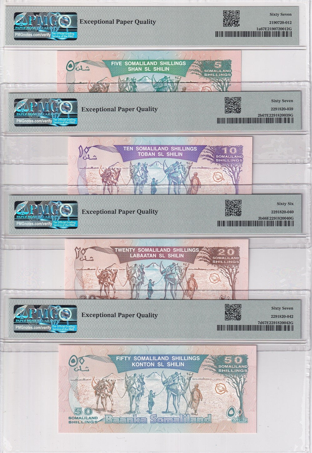 Somaliland Set 4, 5 10 20 50 Shil 1994 P 1 2 3 7 Superb Gem UNC PMG 66 67 EPQ