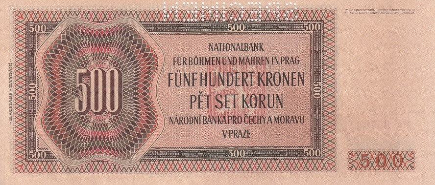 Bohemia BOHEMIA & MORAVIA 500 Korun 1942 P 12 s SPECIMEN UNC ,Peter Brandl