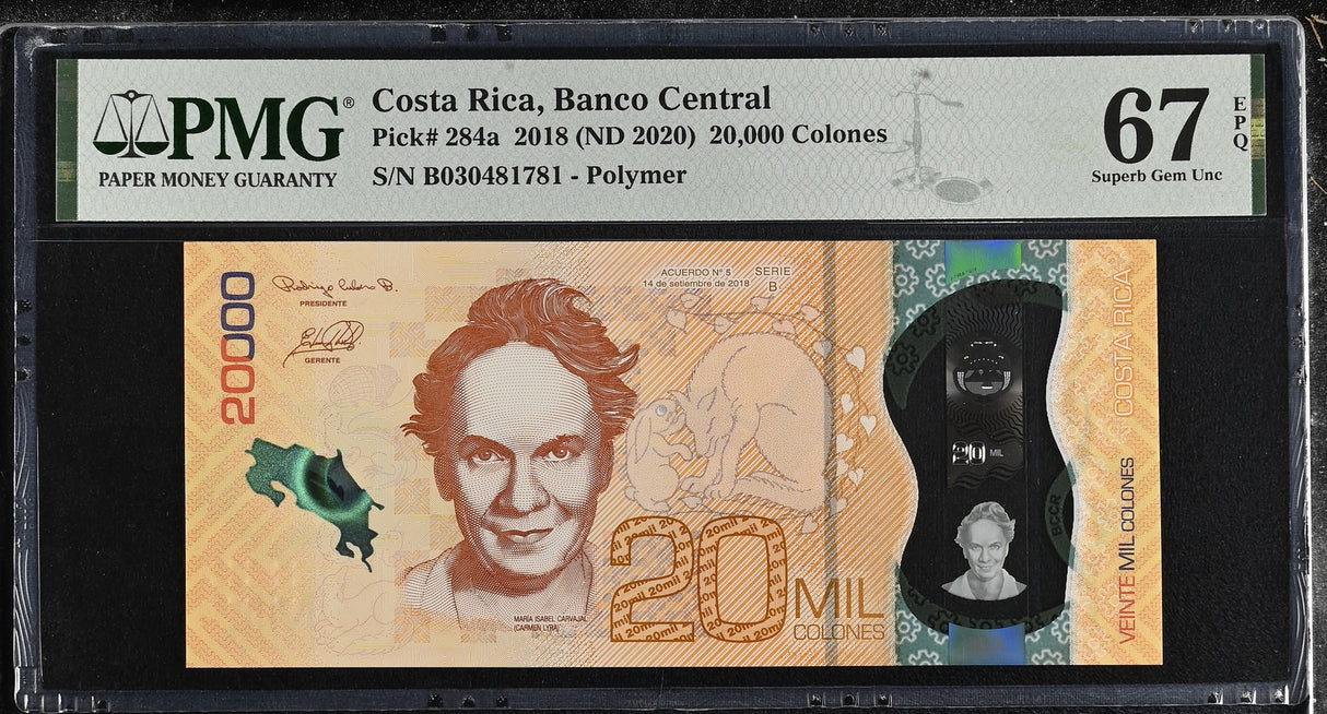 Costa Rica 20000 Colones 2018 ND 2020 P 284 a Polymer Superb Gem UNC PMG 67 EPQ