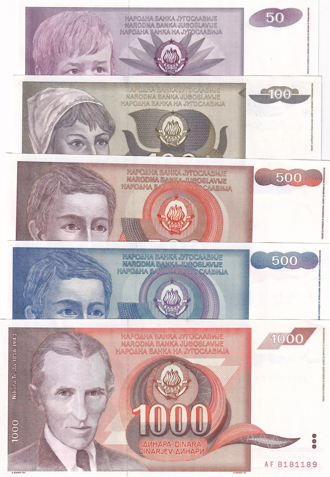 Yugoslavia Set 5 UNC 50 100 500 1000 Dinara Random Dates P 104 106 107 108 109