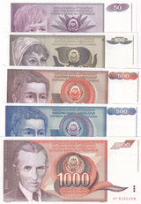 Yugoslavia Set 5 UNC 50 100 500 1000 Dinara Random Dates P 104 106 107 108 109
