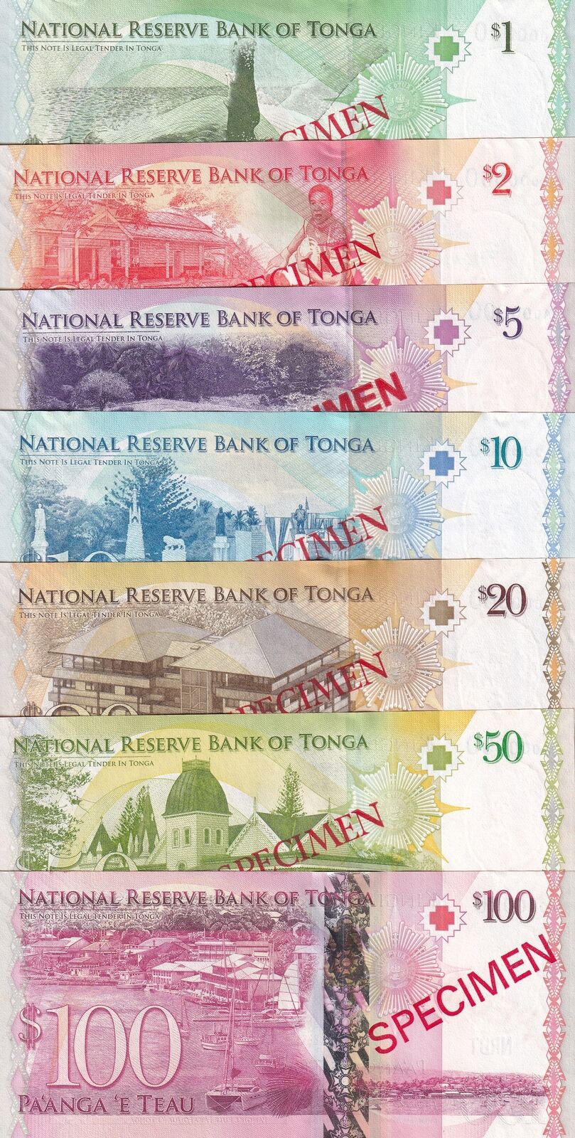 Tonga Set 7 UNC 1 2 5 10 20 50 100 Pa'anga ND 2009 P 37 38 39 40 - 43 SPECIMEN