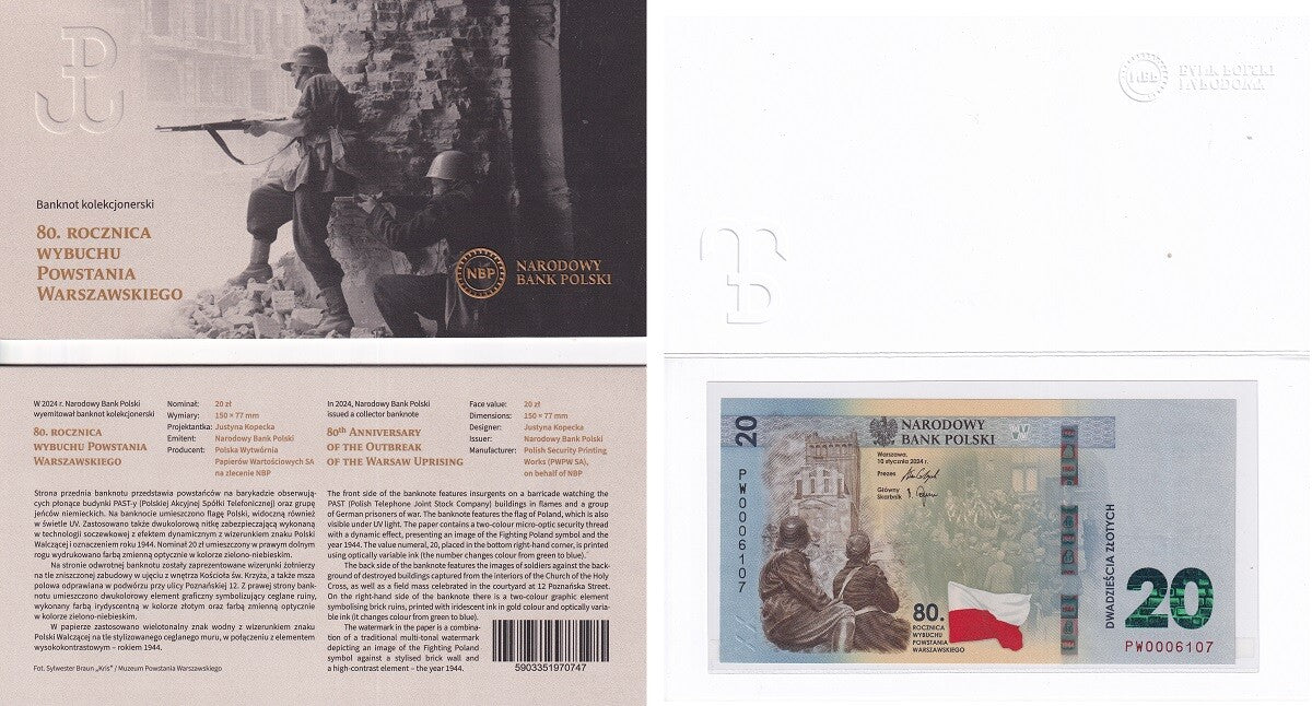 Poland 20 Zlotych 2024 Commemorative 80th Warsaw Uprising P 198 UNC W Folder