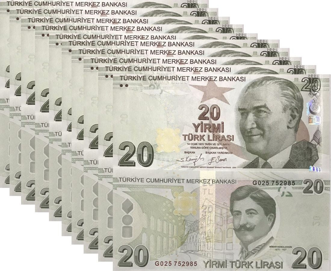 Turkey 20 Lira 2009/2022 P 224 Mixed Prefix & Year UNC LOT 10 PCS