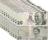 Turkey 20 Lira 2009/2022 P 224 Mixed Prefix & Year UNC LOT 10 PCS
