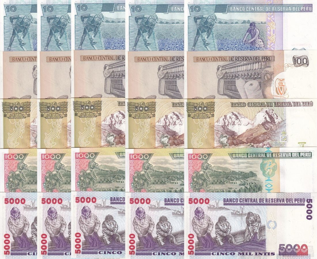 Peru Set 5 X LOT 5 = 25 UNC 10 100 500 1000 5000 INTIS P 129 133 134 136 137
