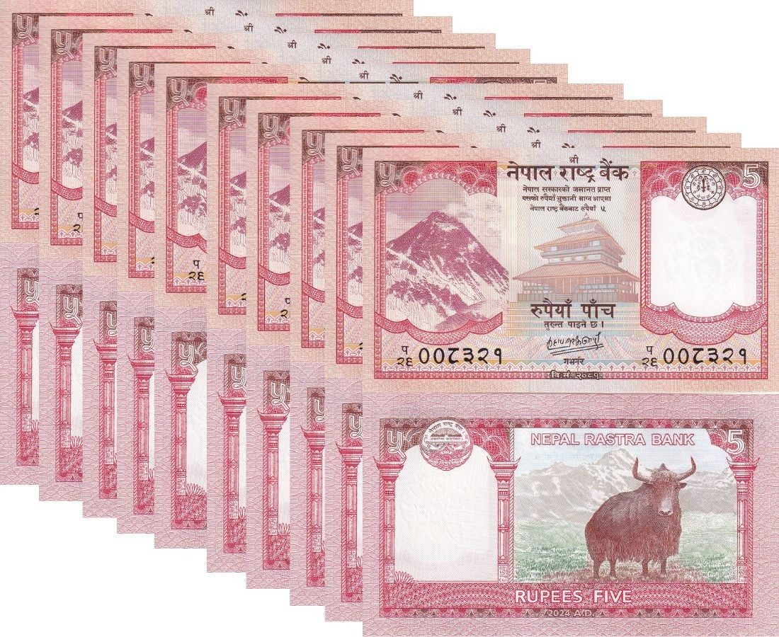 Nepal 5 Rupees 2024 P 76 UNC LOT 10 PCS, Mount Everest, Taleju temple, Yak