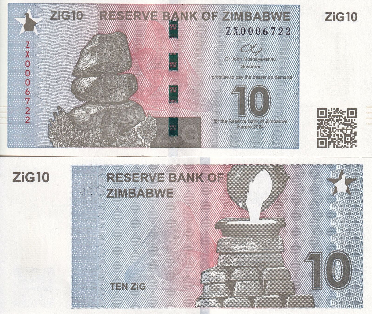 Zimbabwe SET 2,10 20 ZiG 2024 P NEW Replacement ZX Gold Backed UNC With QR Code