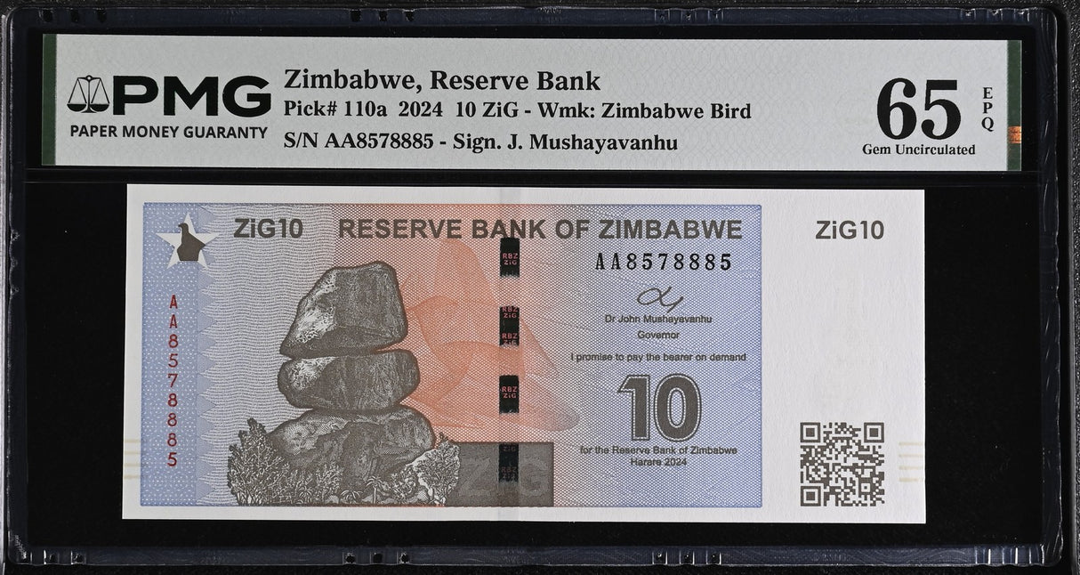 Zimbabwe 10 ZiG 2024 P 110 a Gem UNC PMG 65 EPQ , Graded Noted