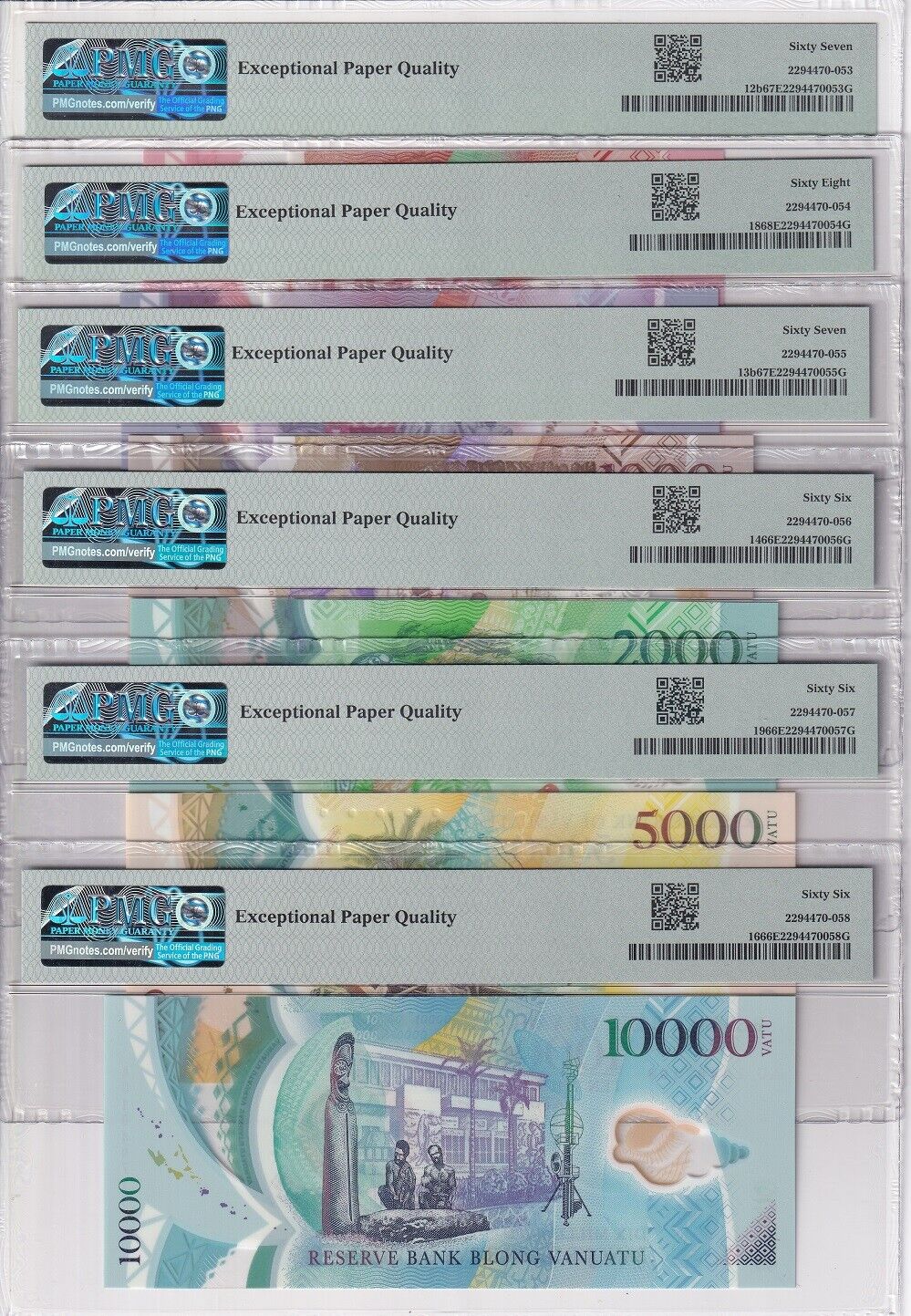 Vanuatu Set 6; 200 500-10k V. 2010-20 P 12- 16 18 19 Superb UNC PMG 66 67 68 EPQ