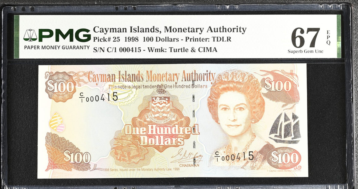 Cayman Islands 100 Dollar 1998 P 25 Superb Gem UNC PMG 67 EPQ