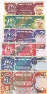 Uganda Set 5 UNC 5 10 20 50 100 200 Shillings 1987-1998 Arms Issue