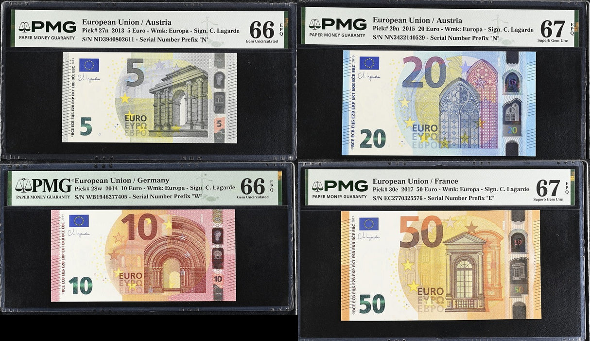 Euro Set 4; 5 10 20 50 Euro 2013-2017 P 27 28 29 30 Superb Gem UNC PMG 66 67 EPQ